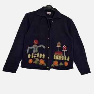 VTG 90s Cardigan Sweater Fall Apples Pumpkins Autumn M Cabincore Gorpcore